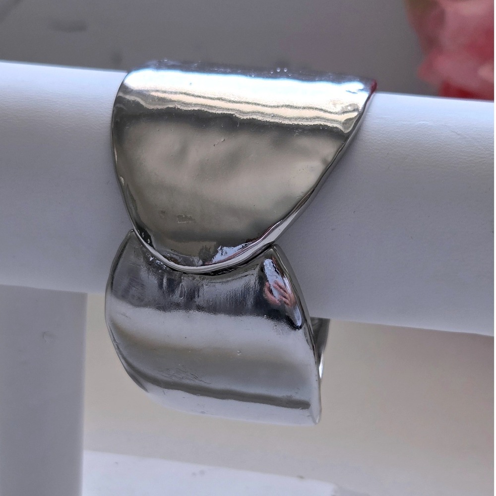 Chicos Silver Tone Hinged Cuff Bracelet Wide Bypass Sculptural Statement Jewelry